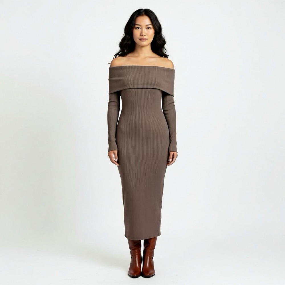 Off-Shoulder‎ Long Sleeve Brown Maxi Dress size Large Cowgirl Stretchy Dress